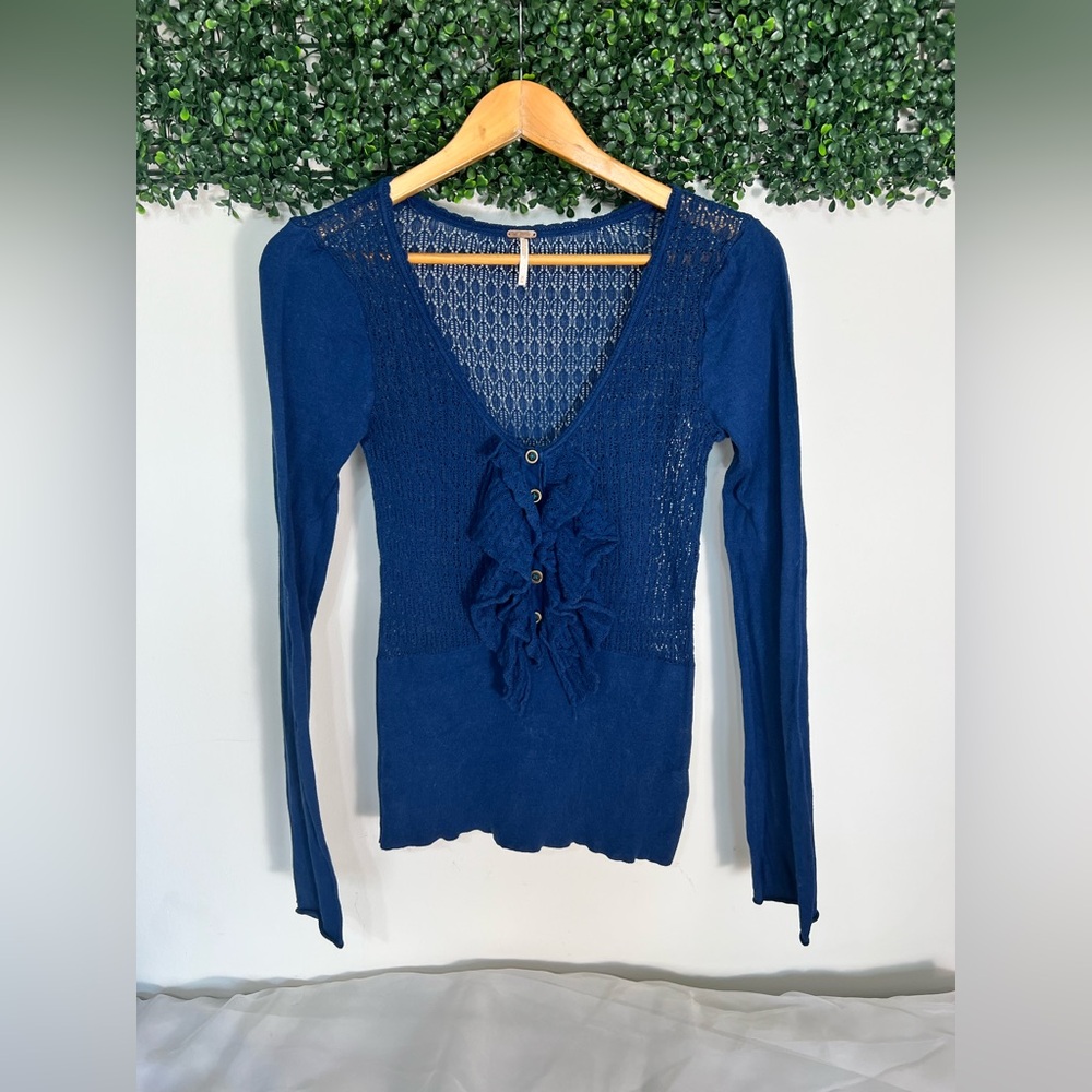 Free People Ruffle Front Crochet Henley Blue Sweater Size Medium